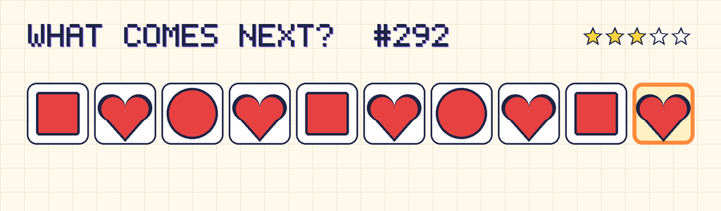 The finished pattern: red square, red heart, red circle, red heart, red square, red heart, red circle, red heart, red square, red heart.