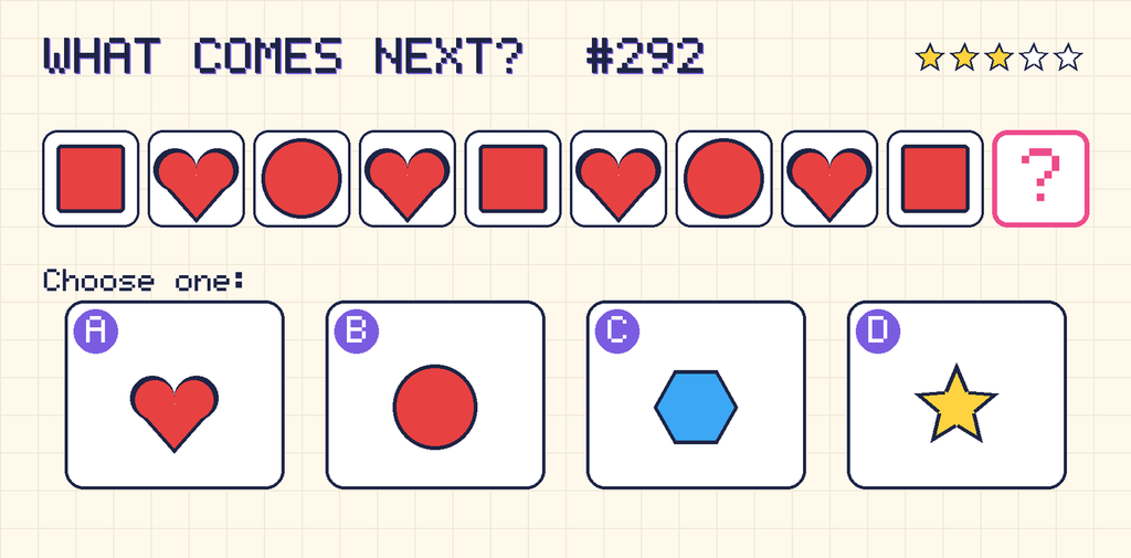 Pattern: red square, red heart, red circle, red heart, red square, red heart, red circle, red heart, red square, then a question mark. Choices: A: red heart; B: red circle; C: blue hexagon; D: yellow star.