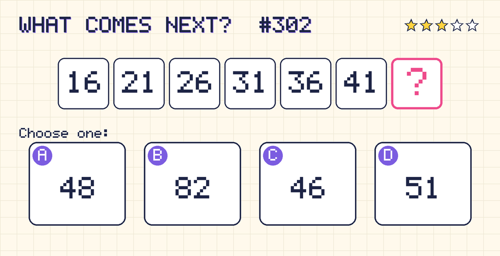 Pattern: 16, 21, 26, 31, 36, 41, then a question mark. Choices: A: 48; B: 82; C: 46; D: 51.