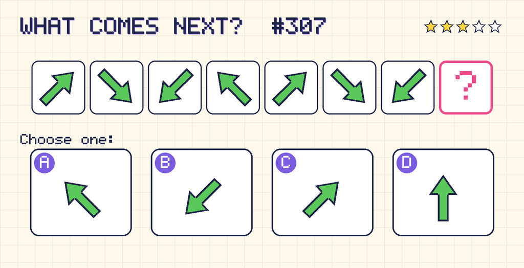 Pattern: an arrow pointing up and right, an arrow pointing down and right, an arrow pointing down and left, an arrow pointing up and left, an arrow pointing up and right, an arrow pointing down and right, an arrow pointing down and left, then a question mark. Choices: A: an arrow pointing up and left; B: an arrow pointing down and left; C: an arrow pointing up and right; D: an arrow pointing up.