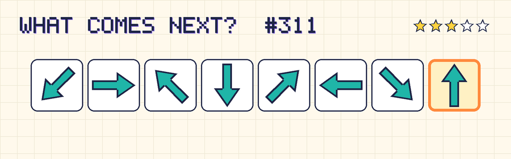The finished pattern: an arrow pointing down and left, an arrow pointing right, an arrow pointing up and left, an arrow pointing down, an arrow pointing up and right, an arrow pointing left, an arrow pointing down and right, an arrow pointing up.