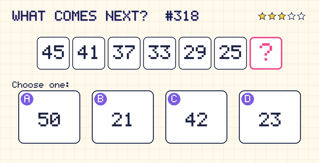 Pattern: 45, 41, 37, 33, 29, 25, then a question mark. Choices: A: 50; B: 21; C: 42; D: 23.