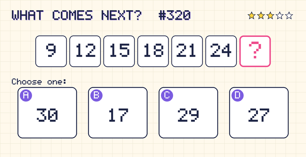 Pattern: 9, 12, 15, 18, 21, 24, then a question mark. Choices: A: 30; B: 17; C: 29; D: 27.