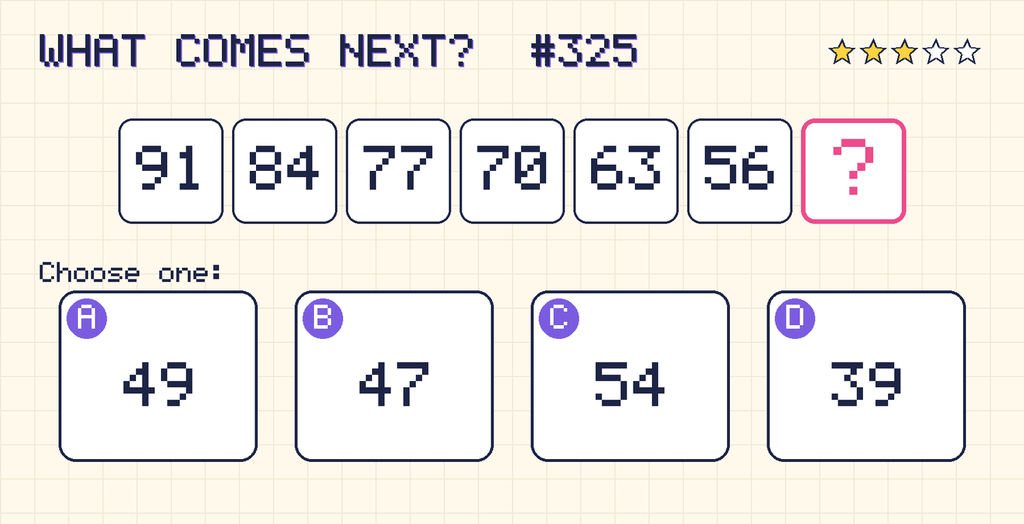 Pattern: 91, 84, 77, 70, 63, 56, then a question mark. Choices: A: 49; B: 47; C: 54; D: 39.