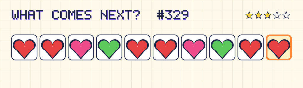 The finished pattern: red heart, red heart, pink heart, green heart, red heart, red heart, pink heart, green heart, red heart, red heart.