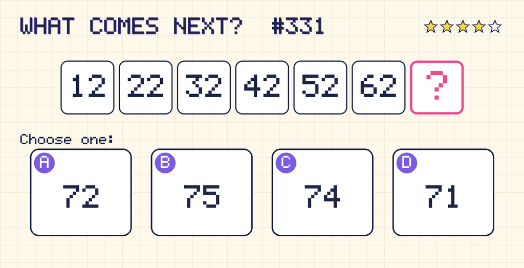 Pattern: 12, 22, 32, 42, 52, 62, then a question mark. Choices: A: 72; B: 75; C: 74; D: 71.