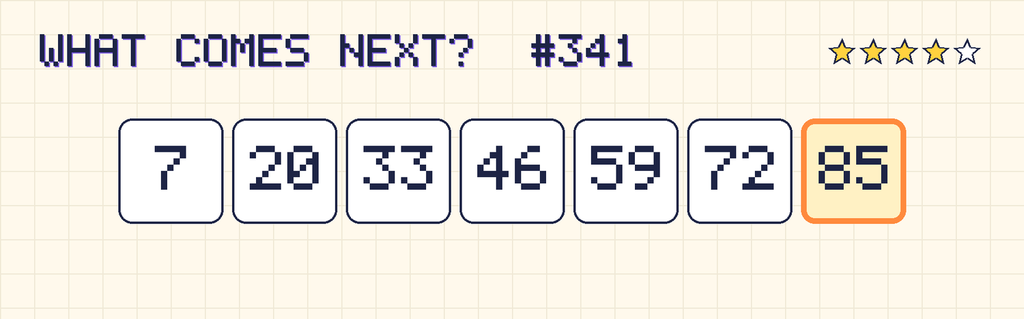 The finished pattern: 7, 20, 33, 46, 59, 72, 85.