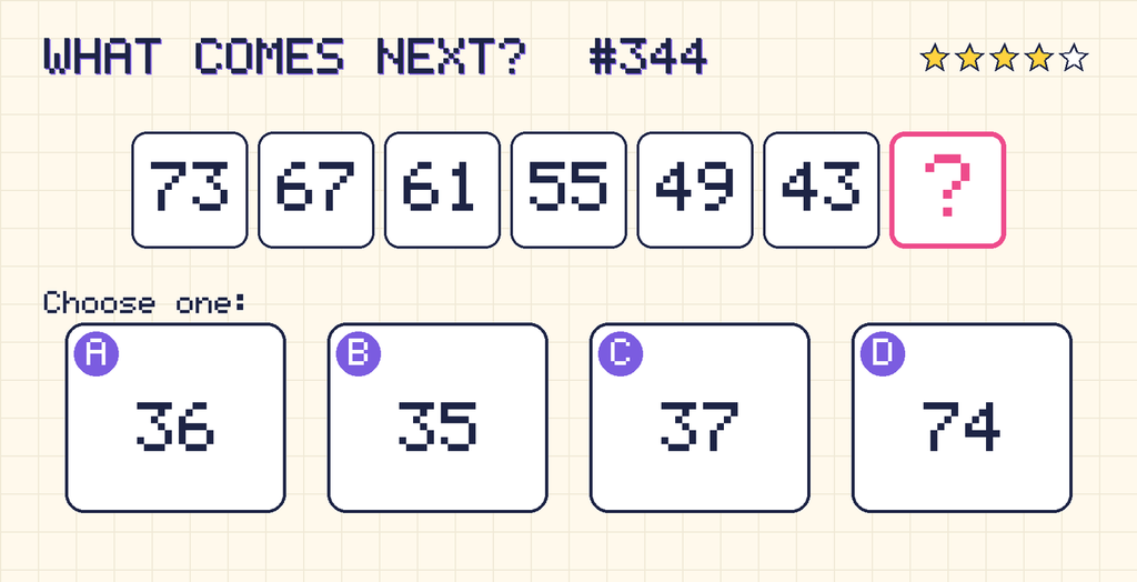 Pattern: 73, 67, 61, 55, 49, 43, then a question mark. Choices: A: 36; B: 35; C: 37; D: 74.