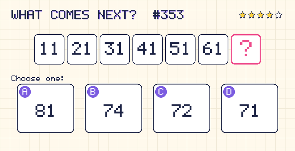 Pattern: 11, 21, 31, 41, 51, 61, then a question mark. Choices: A: 81; B: 74; C: 72; D: 71.