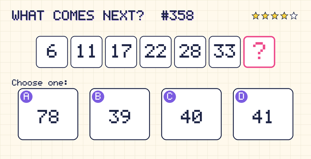 Pattern: 6, 11, 17, 22, 28, 33, then a question mark. Choices: A: 78; B: 39; C: 40; D: 41.