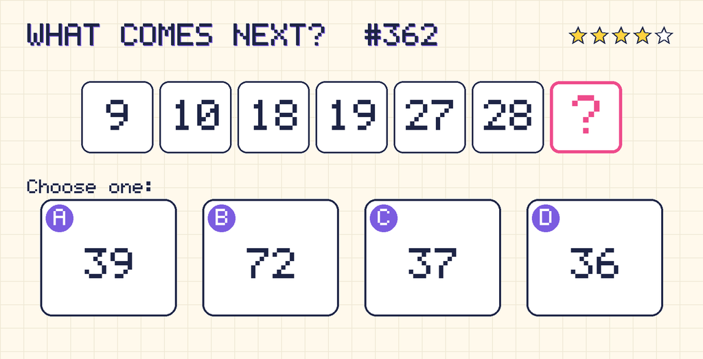 Pattern: 9, 10, 18, 19, 27, 28, then a question mark. Choices: A: 39; B: 72; C: 37; D: 36.
