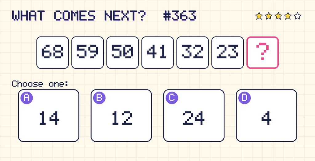 Pattern: 68, 59, 50, 41, 32, 23, then a question mark. Choices: A: 14; B: 12; C: 24; D: 4.