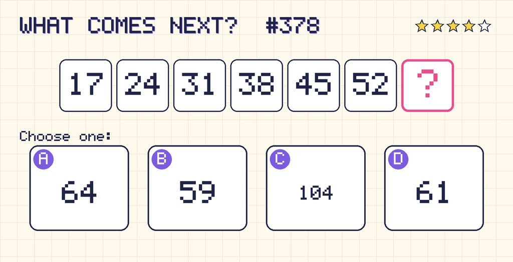 Pattern: 17, 24, 31, 38, 45, 52, then a question mark. Choices: A: 64; B: 59; C: 104; D: 61.
