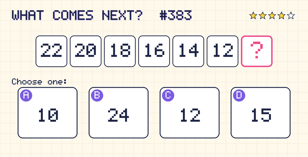 Pattern: 22, 20, 18, 16, 14, 12, then a question mark. Choices: A: 10; B: 24; C: 12; D: 15.