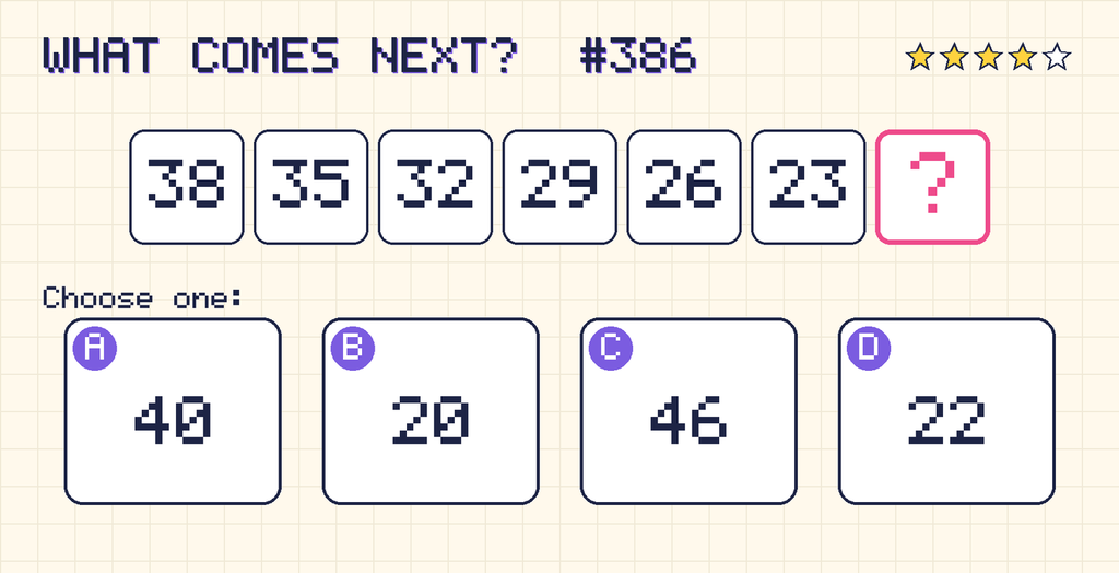 Pattern: 38, 35, 32, 29, 26, 23, then a question mark. Choices: A: 40; B: 20; C: 46; D: 22.