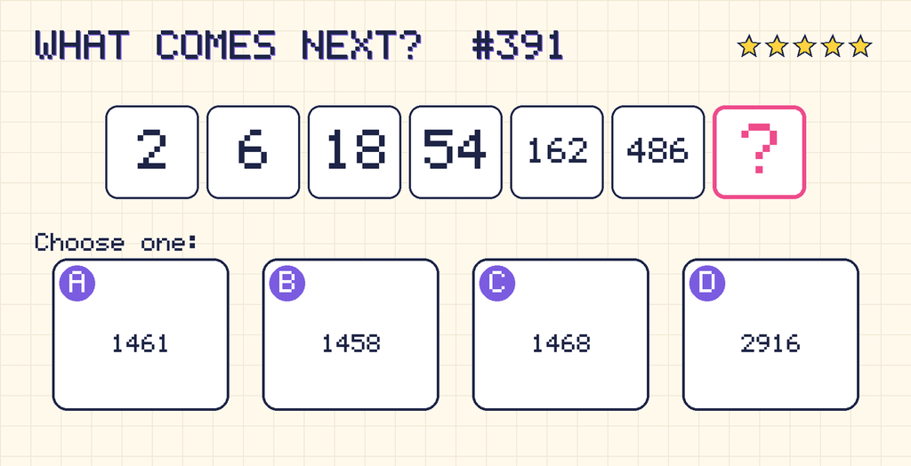 Pattern: 2, 6, 18, 54, 162, 486, then a question mark. Choices: A: 1461; B: 1458; C: 1468; D: 2916.