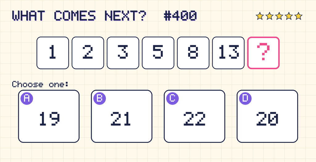 Pattern: 1, 2, 3, 5, 8, 13, then a question mark. Choices: A: 19; B: 21; C: 22; D: 20.