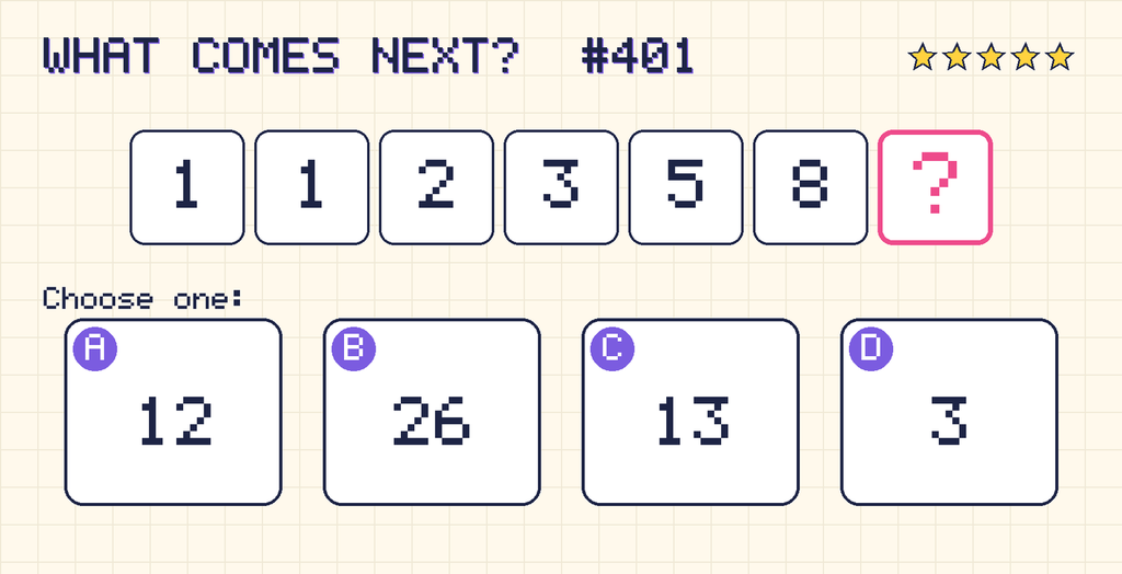 Pattern: 1, 1, 2, 3, 5, 8, then a question mark. Choices: A: 12; B: 26; C: 13; D: 3.