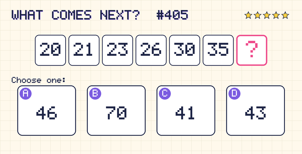 Pattern: 20, 21, 23, 26, 30, 35, then a question mark. Choices: A: 46; B: 70; C: 41; D: 43.