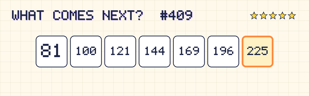 The finished pattern: 81, 100, 121, 144, 169, 196, 225.