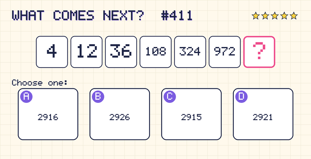 Pattern: 4, 12, 36, 108, 324, 972, then a question mark. Choices: A: 2916; B: 2926; C: 2915; D: 2921.
