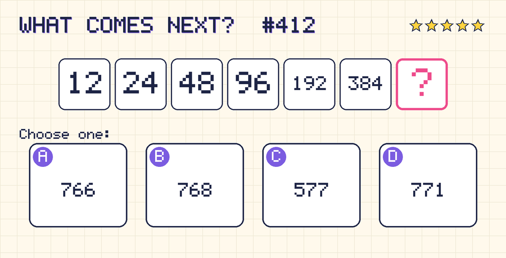 Pattern: 12, 24, 48, 96, 192, 384, then a question mark. Choices: A: 766; B: 768; C: 577; D: 771.