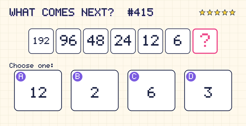 Pattern: 192, 96, 48, 24, 12, 6, then a question mark. Choices: A: 12; B: 2; C: 6; D: 3.