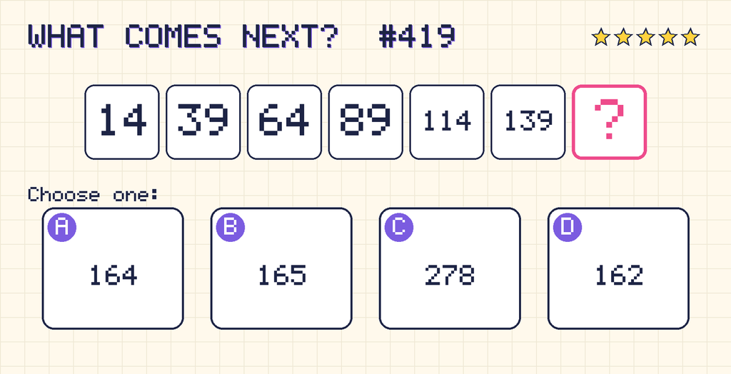 Pattern: 14, 39, 64, 89, 114, 139, then a question mark. Choices: A: 164; B: 165; C: 278; D: 162.
