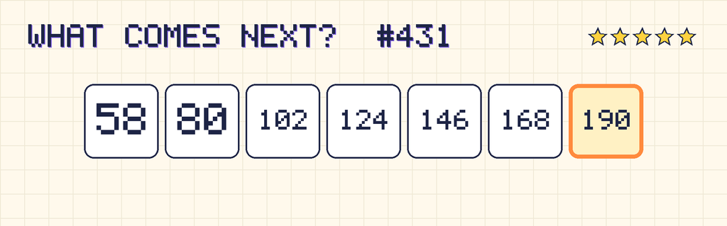 The finished pattern: 58, 80, 102, 124, 146, 168, 190.