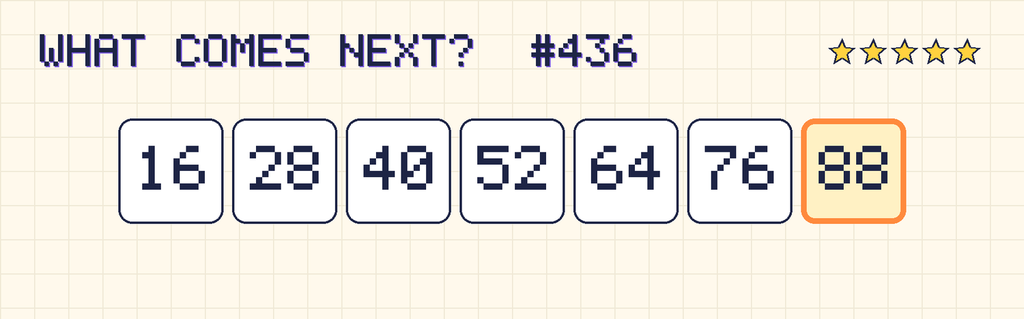 The finished pattern: 16, 28, 40, 52, 64, 76, 88.