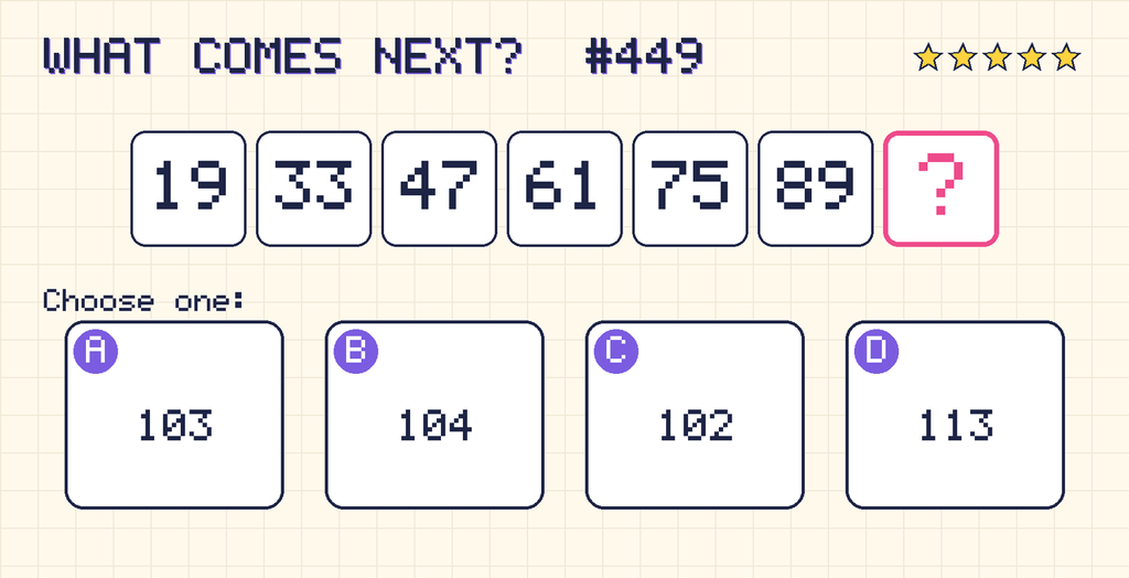 Pattern: 19, 33, 47, 61, 75, 89, then a question mark. Choices: A: 103; B: 104; C: 102; D: 113.