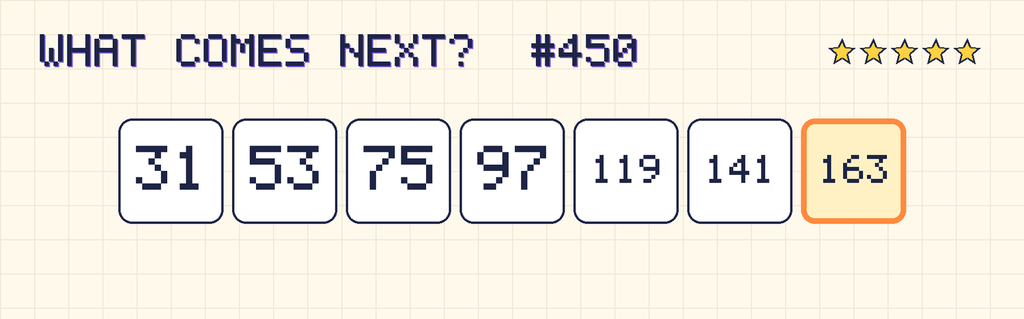 The finished pattern: 31, 53, 75, 97, 119, 141, 163.