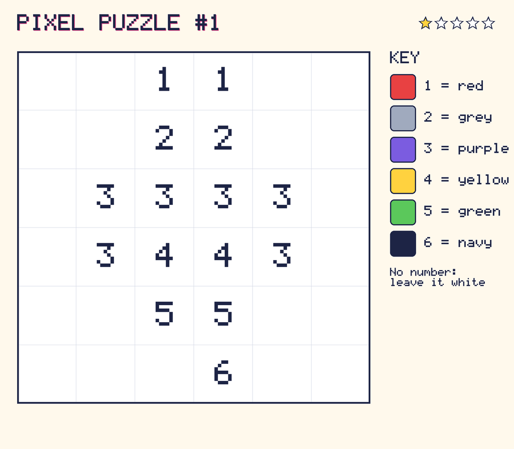Pixel puzzle 1: a 6 by 6 number grid with a colour key.