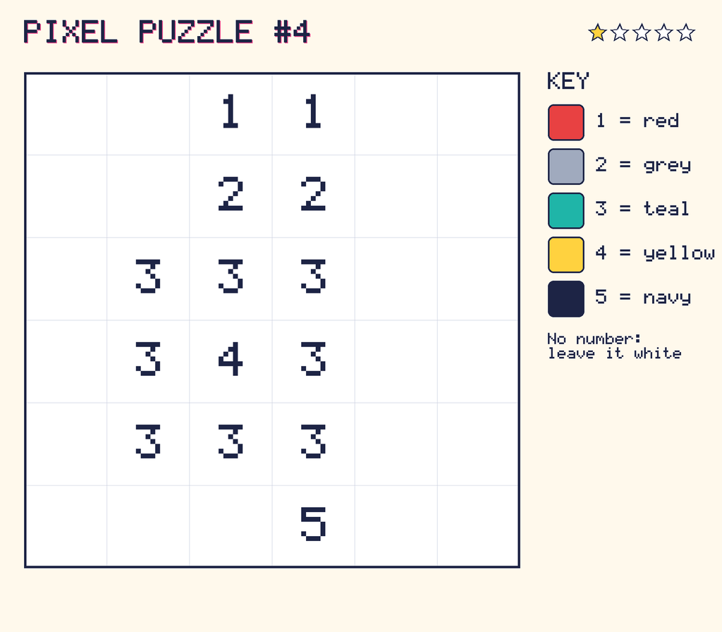 Pixel puzzle 4: a 6 by 6 number grid with a colour key.