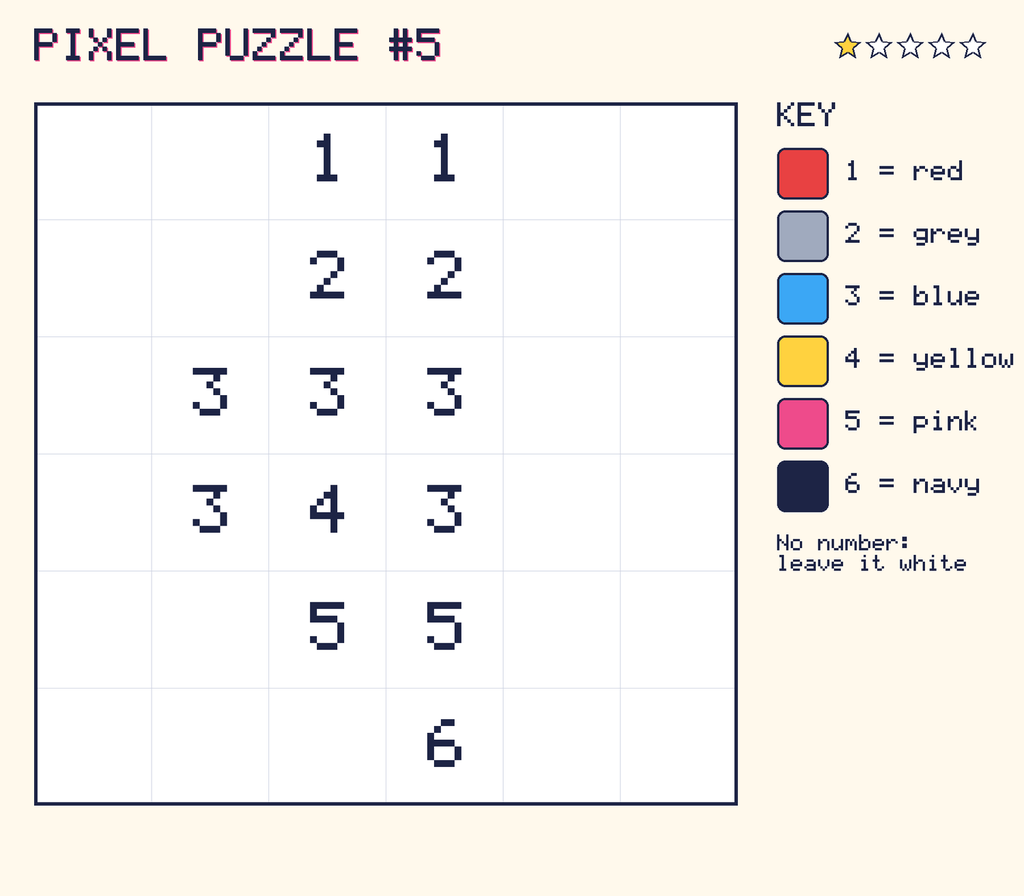 Pixel puzzle 5: a 6 by 6 number grid with a colour key.