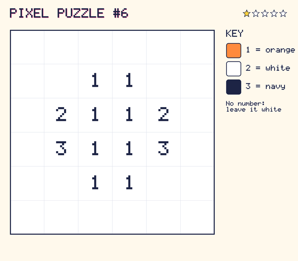Pixel puzzle 6: a 6 by 6 number grid with a colour key.