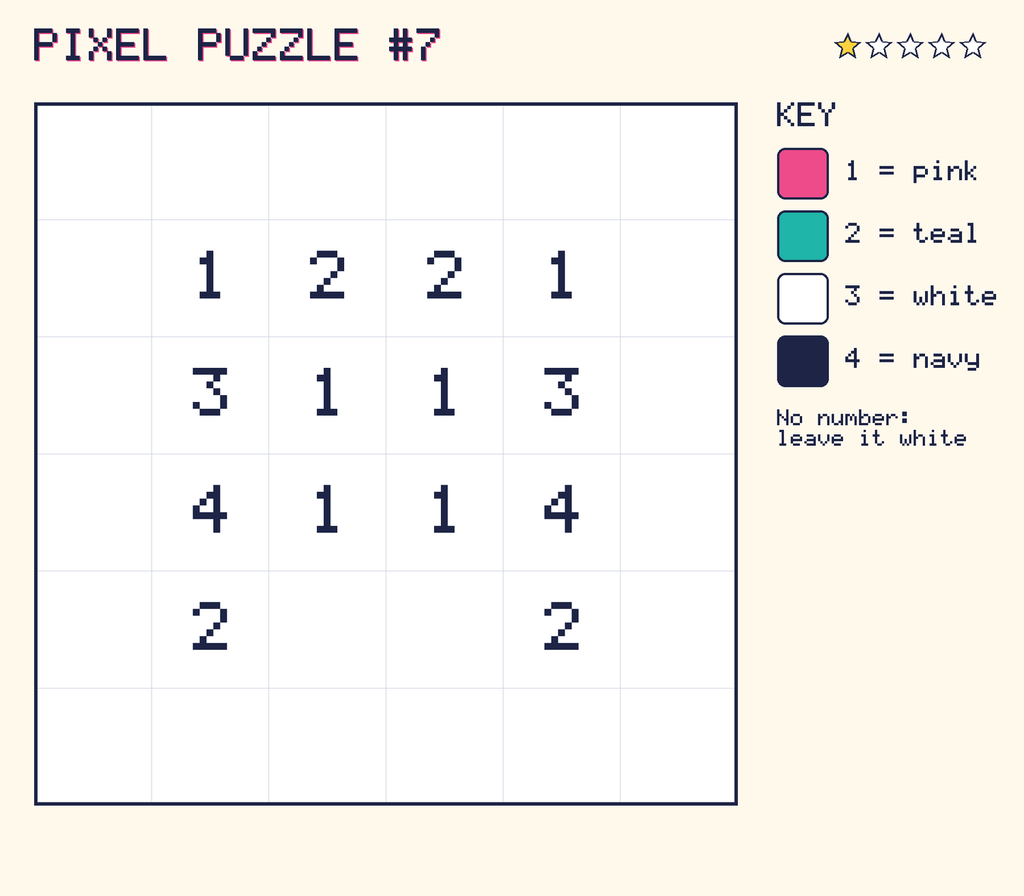 Pixel puzzle 7: a 6 by 6 number grid with a colour key.