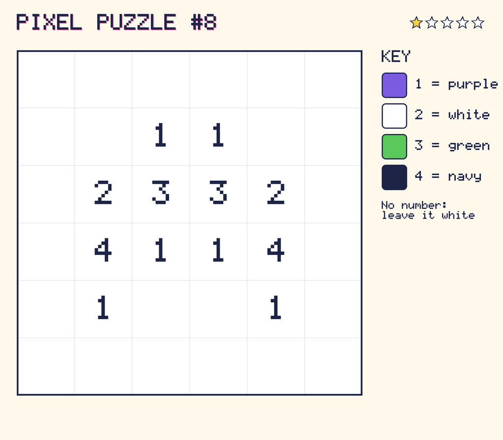 Pixel puzzle 8: a 6 by 6 number grid with a colour key.