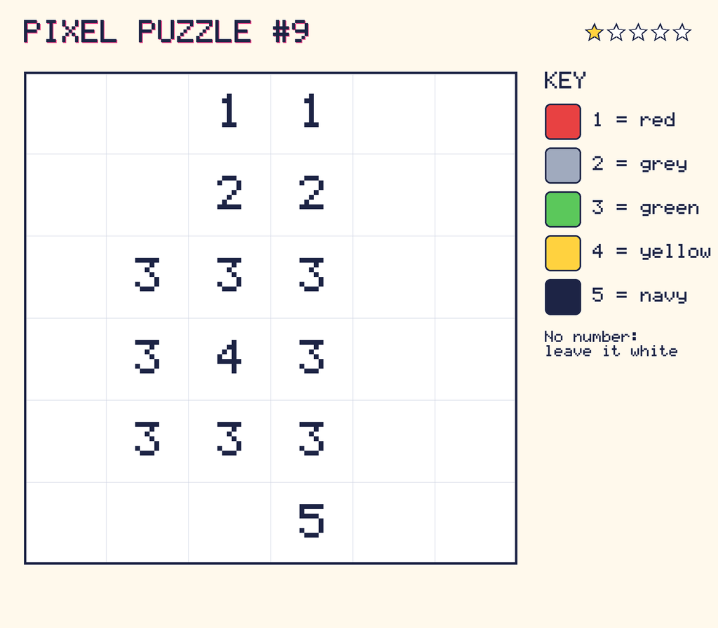 Pixel puzzle 9: a 6 by 6 number grid with a colour key.