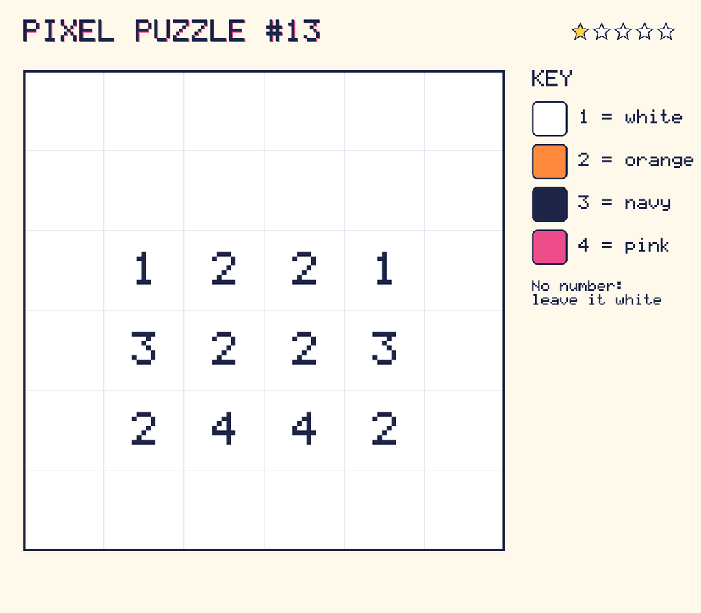 Pixel puzzle 13: a 6 by 6 number grid with a colour key.