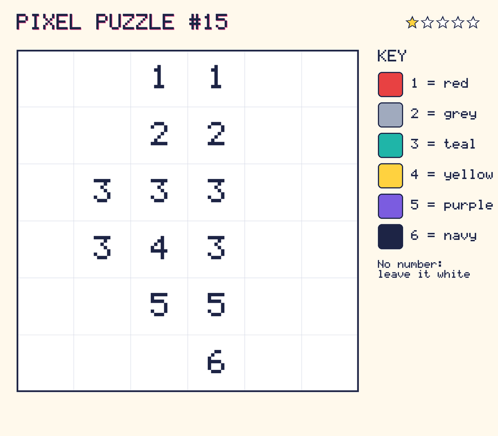 Pixel puzzle 15: a 6 by 6 number grid with a colour key.