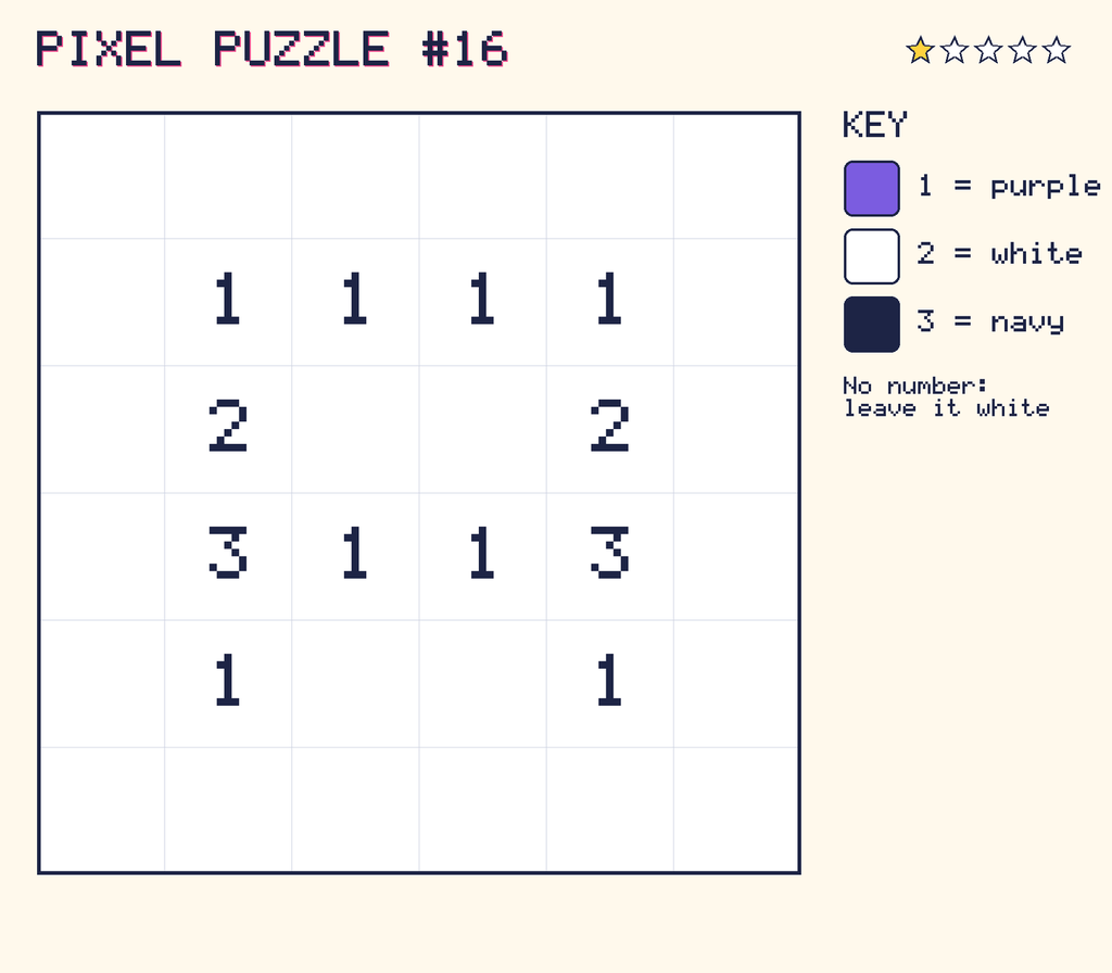 Pixel puzzle 16: a 6 by 6 number grid with a colour key.