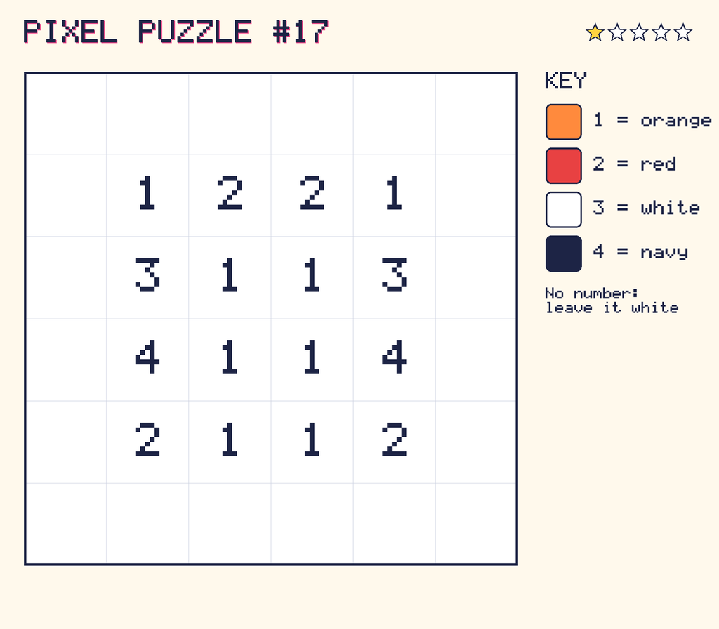 Pixel puzzle 17: a 6 by 6 number grid with a colour key.