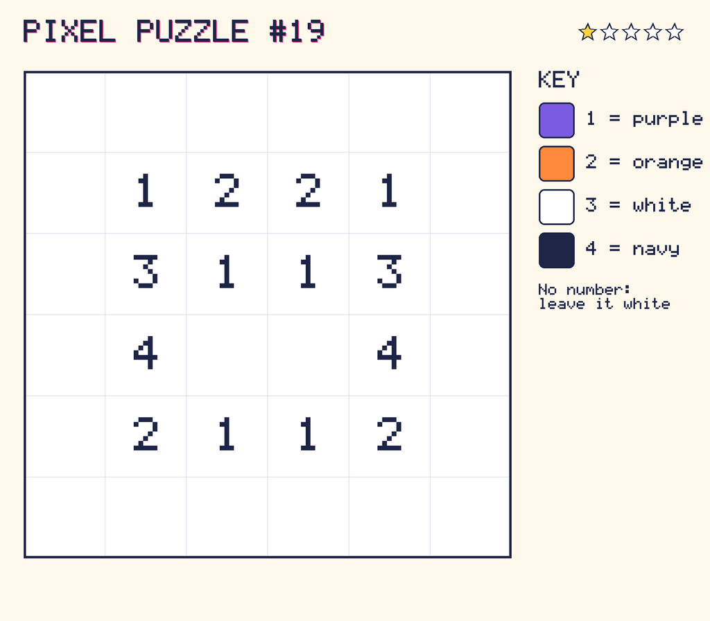 Pixel puzzle 19: a 6 by 6 number grid with a colour key.