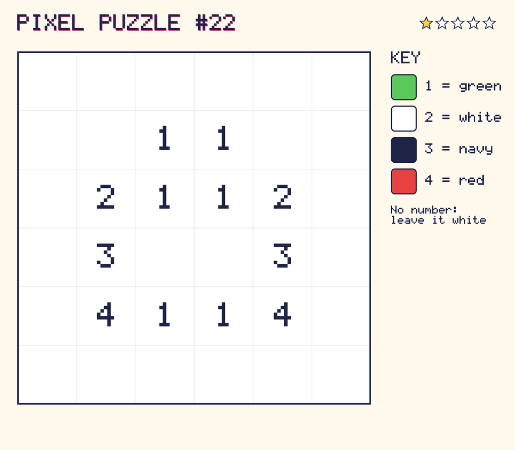 Pixel puzzle 22: a 6 by 6 number grid with a colour key.