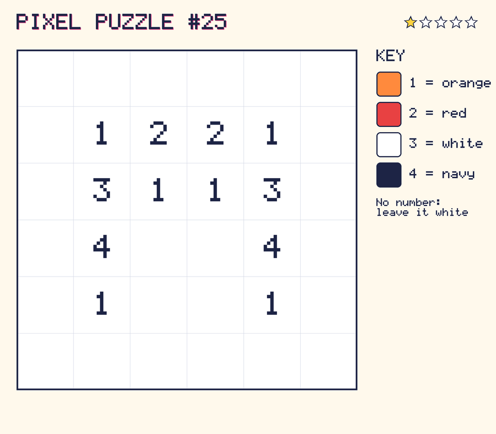 Pixel puzzle 25: a 6 by 6 number grid with a colour key.