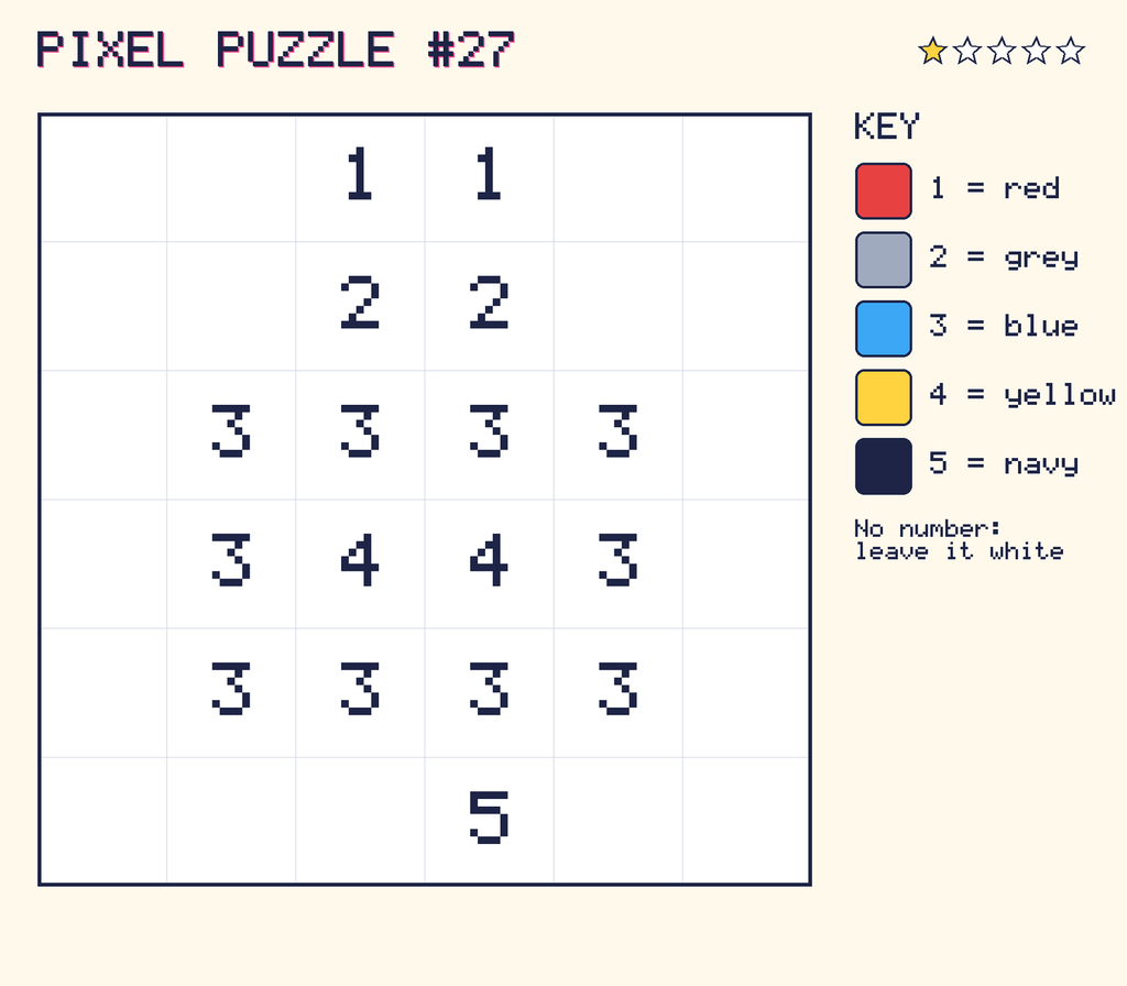 Pixel puzzle 27: a 6 by 6 number grid with a colour key.