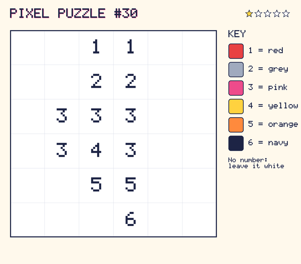 Pixel puzzle 30: a 6 by 6 number grid with a colour key.