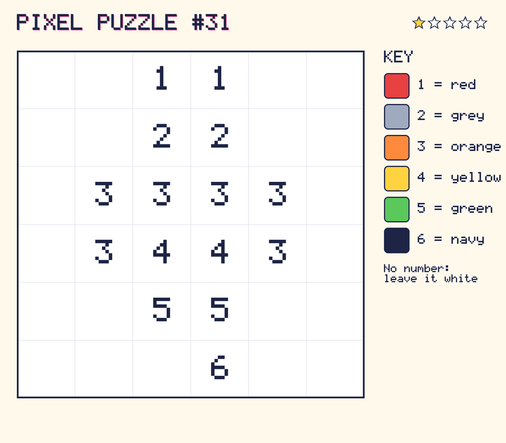 Pixel puzzle 31: a 6 by 6 number grid with a colour key.