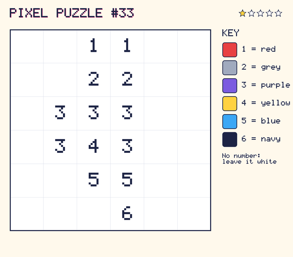 Pixel puzzle 33: a 6 by 6 number grid with a colour key.